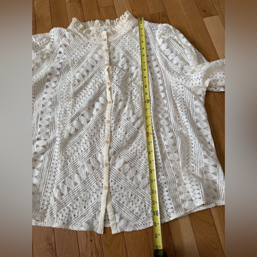 By Anthropologie Cream Lace Knit Ruffled Button Up Blouse Victorian Peasant 22W - Picture 7 of 9